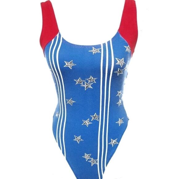 VINTAGE 70s Cobblestone Marika Stars And Stripes Bodysuit Tights Aerobics Outfit - Picture 6 of 16